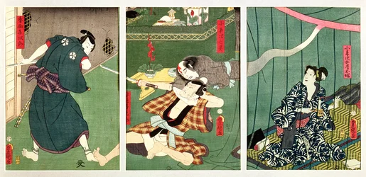 Näyttelijät Ichikawa Kodanji IV Koheijin haamuna ja wai Kumesaburo O-Tsuka, Koheijin vaimo, Sawamura Tossho II ja Kijiro kohtauksessa näytelmästä Kohada no kaii ame no furu numa esiintyvät.